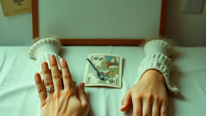 Символическое изображение конфликта карьеры и отношений: руки, карты Таро и аркан Сила на столе.