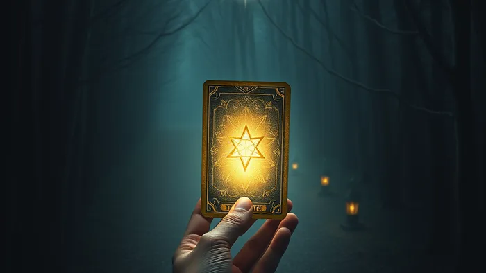 Символическое изображение двух расходящихся путей в лесу, освещенных звездой и фонарями, с картой Таро в центре, олицетворяющее выбор между личными амбициями и стабильностью в отношениях.