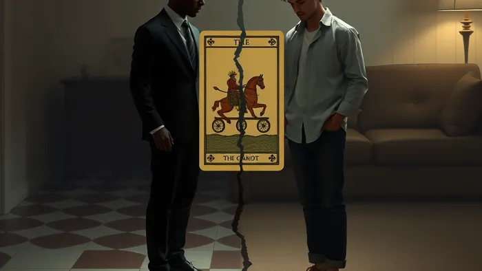 Символическое изображение конфликта ролей: фигура-гибрид «сотрудника» и «родственника» стоит на границе шахматной доски и домашнего ковра, между ними — карта Таро «Колесница» с трещиной.