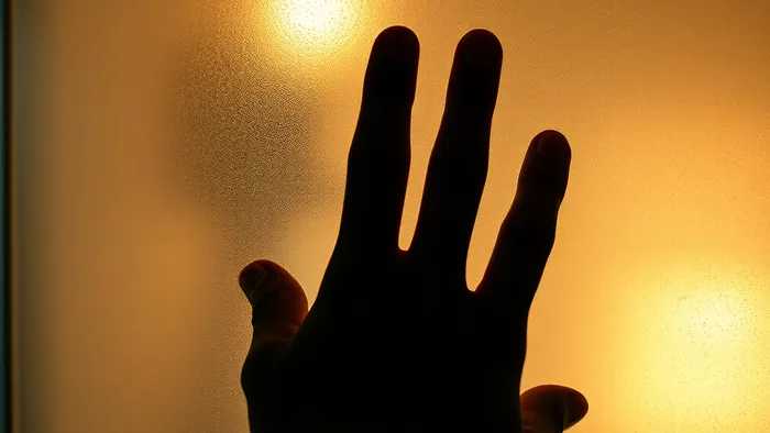 Рука касается замерзшего стекла, за которым виден размытый теплый свет — символ онемевших чувств и связи с ушедшим близким.