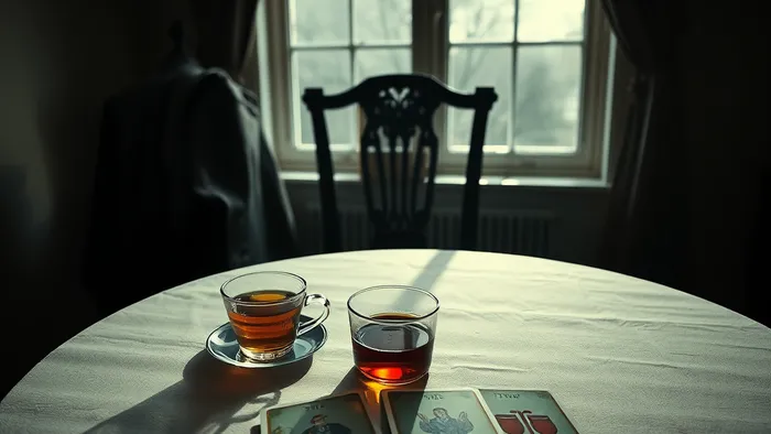 Символичное изображение одиночества в браке: стол на одного, раскрытая колода Таро с картами Отшельник и 2 Кубков, пиджак мужа на пустом стуле.