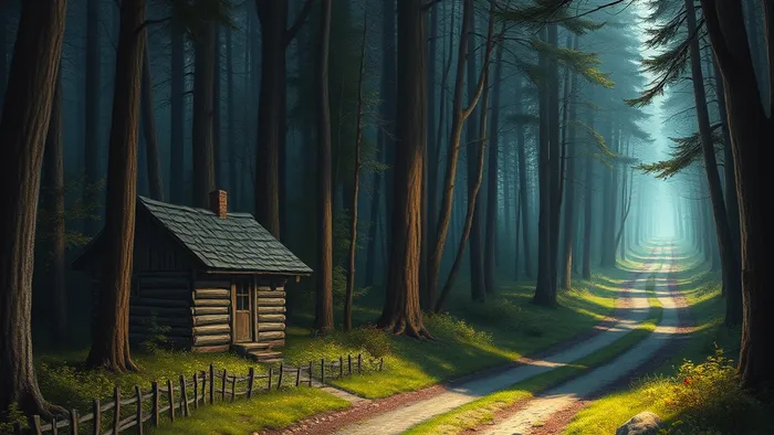 Символическое изображение выбора между двумя жизненными путями с использованием карт Таро на перекрестке в лесу