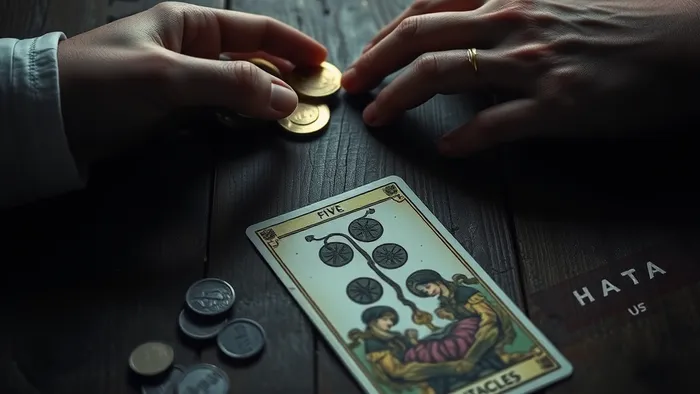 Символичное изображение дилеммы долга между друзьями: руки над столом с монетами и картой Таро Пятерка Пентаклей.