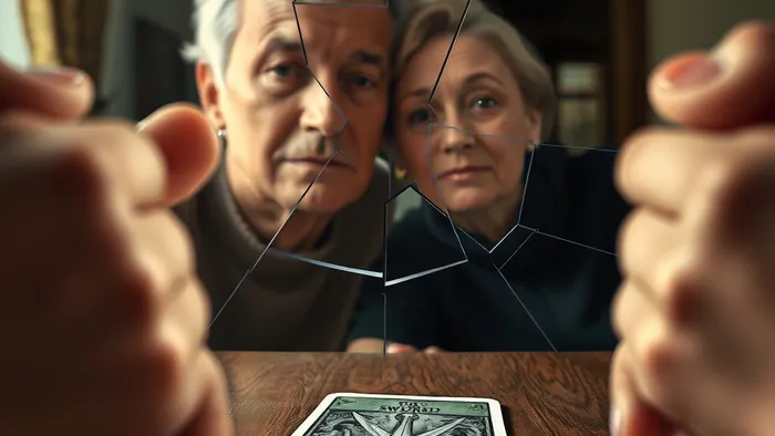 Символическое изображение семейного кризиса: пара видна сквозь разбитую призму, а руки взрослых детей пытаются собрать или разъединить осколки. На столе лежит карта Таро Двойка Мечей.