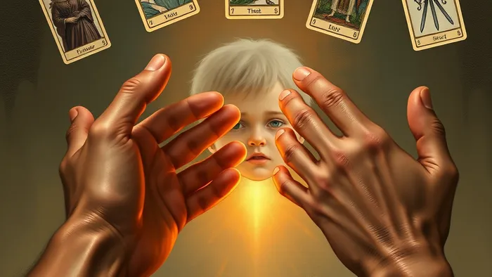 Символическое изображение семейного кризиса: руки родителей тянутся друг к другу, а между ними — полупрозрачное лицо взрослого ребенка. Вокруг парят карты Таро: Императрица, Император и Тройка Мечей.