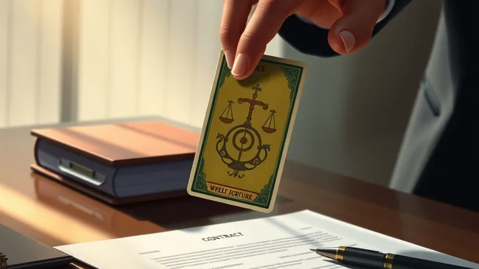 Символическое изображение переговоров: рука кладет карту Таро 'Правосудие' на рабочий договор на столе в офисе