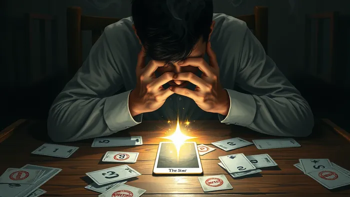 Символическое изображение человека за столом в стрессе от долгов. Вокруг разбросаны бумаги с цифрами, но на столе ярко освещена карта Таро Звезда, дающая луч надежды.