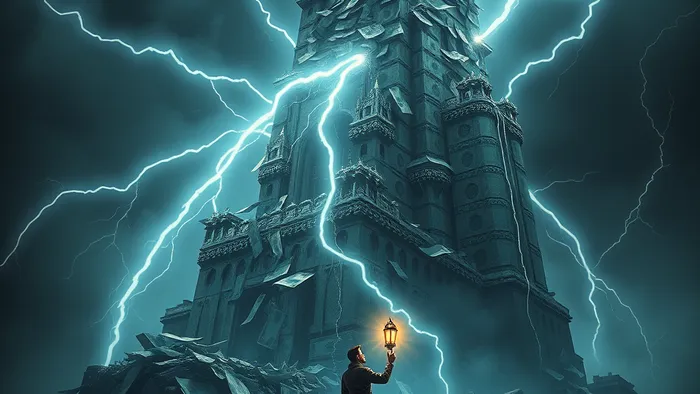 Символическое изображение карты Башня Таро в контексте долгов: замок из денег и кредиток рушится от молнии, внизу — человек с фонарем, начало нового пути.
