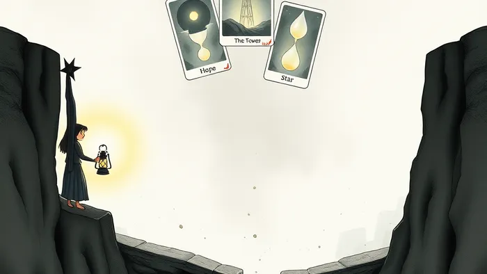 Символическая иллюстрация: два человека по разные стороны пропасти с разрушенным мостом. Между ними парят полупрозрачные карты Таро: Башня, Двойка Кубков и Звезда.