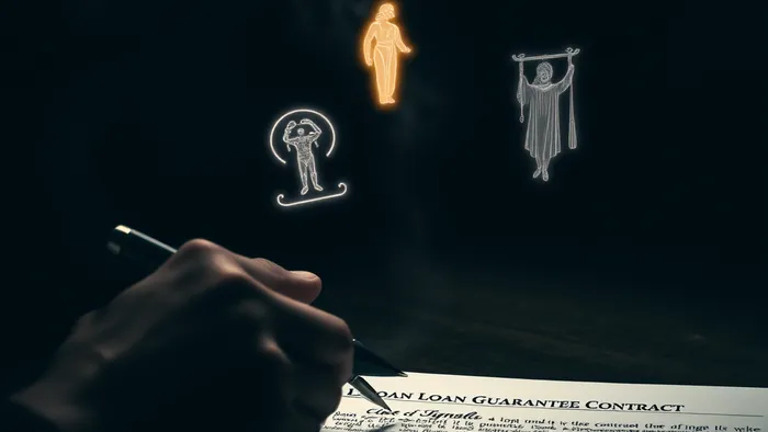 Символическое изображение момента подписания договора поручительства: рука с ручкой над строкой для подписи, от пера исходят полупрозрачные образы карт Таро (Шут, Маг, Повешенный).