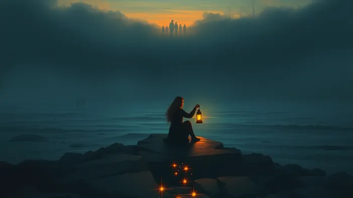 Символическое изображение человека в роли Отшельника из Таро, сидящего в одиночестве на берегу. Группа силуэтов уходит в туман, а перед одинокой фигурой тропинка из звезд ведет к новому созвездию в ночном небе.