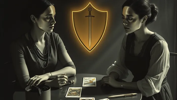 Символическая иллюстрация: две женщины за столом с зеркалами вместо лиц, между ними расклад карт Таро (Колесница, Двойка Мечей, Сила), символизирующий анализ соревновательной динамики в дружбе.