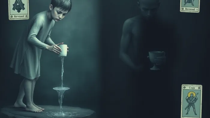 Символическое изображение дисбаланса в отношениях: одна фигура отдает энергию, другая — принимает. На фоне — карты Таро, указывающие на одностороннюю динамику.