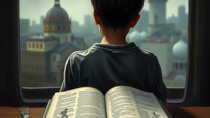 Символическое изображение подростка, чье отражение состоит из фрагментов карт Таро (Луна, 4 Кубков, Башня), символизирующих внутренний мир и апатию.