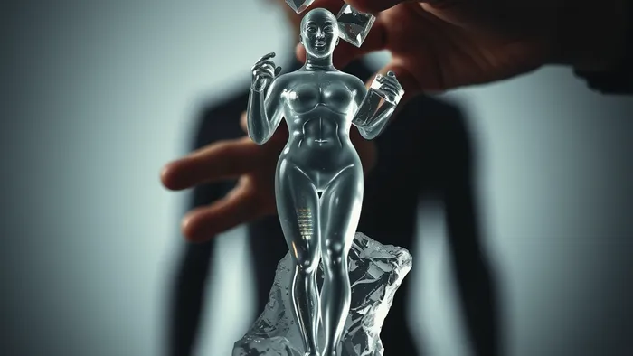 Руки разбирают хрустальную статую идеального человека, на заднем плане — размытый силуэт реального человека. Символизм отпускания иллюзий.