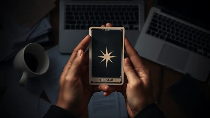 Руки человека держат карту Таро Звезда на фоне символов профессионального стресса: разбросанных бумаг и неработающего ноутбука. Акцент на надежде и внутреннем свете.