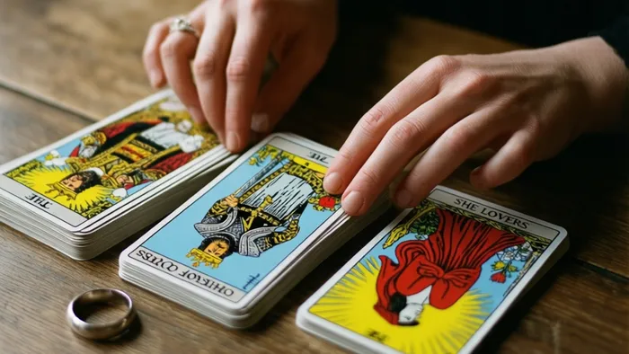Руки раскладывают карты Таро (Император, Рыцарь Кубков, Влюбленные) рядом с обручальным кольцом на деревянном столе.