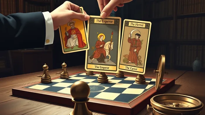 Стратегическая бизнес-игра: шахматная доска с картами Таро вместо фигур в атмосфере старинной библиотеки. Архетипы Императора, Колесницы и Отшельника как модели поведения в конкурентной борьбе.