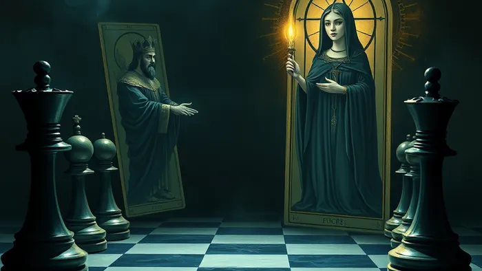 Символическое изображение бизнес-конкуренции через призму Таро: шахматная доска с фигурами в виде Старших Арканов, напряжённая, но стратегическая атмосфера.