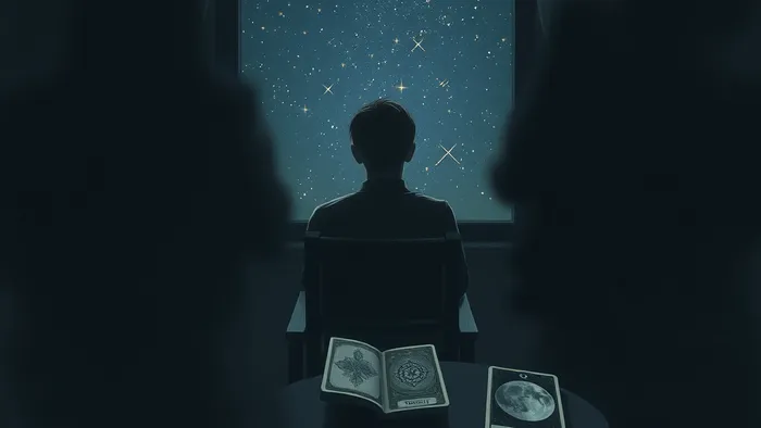 Символическое изображение человека в период уединения и переоценки круга общения. Вид со спины, открытая колода Таро с картами Отшельник и Луна, размытые силуэты других людей на заднем плане.