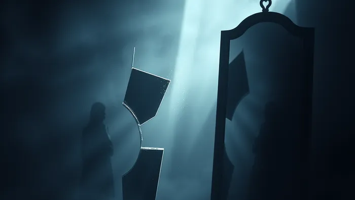 Два разбитых зеркала отражают друг друга и тени человеческих силуэтов, символизируя кармические отношения-отражение.