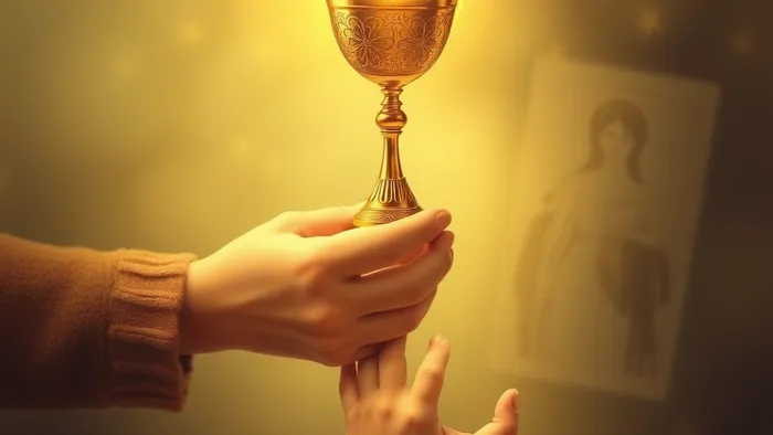 Символическое изображение передачи любви и заботы от старшего ребенка к младшему через призму образов карт Таро: кубки, солнце, императрица.