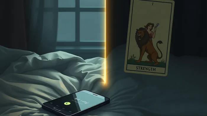 Символическая иллюстрация: мобильный телефон с ночным звонком от начальника и карта Таро 'Сила', разделенные светящейся границей. Тема защиты личного пространства.