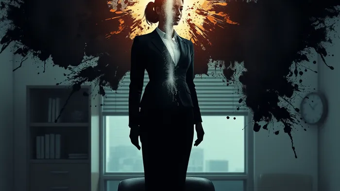 Символическое изображение защиты от словесной агрессии на работе: светящийся внутренний стержень внутри человека отталкивает темные брызги, символизирующие оскорбления. На столе лежит карта Таро 'Сила'.