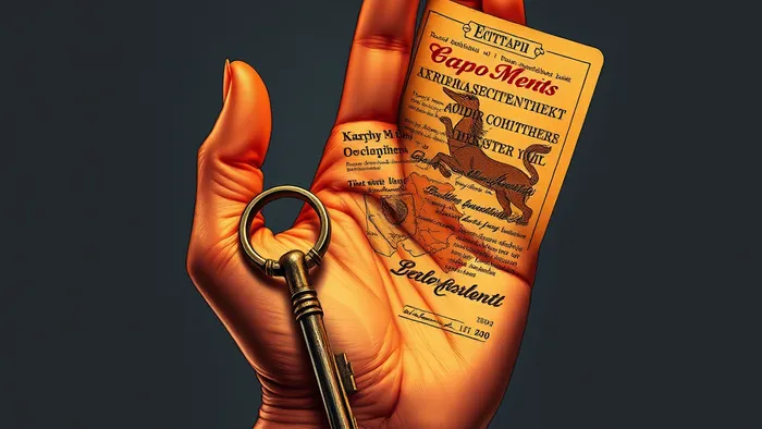 Символическое изображение наследства как ключа, связанного цепью с долгами, представленными символами мастей Таро и юридическими документами.