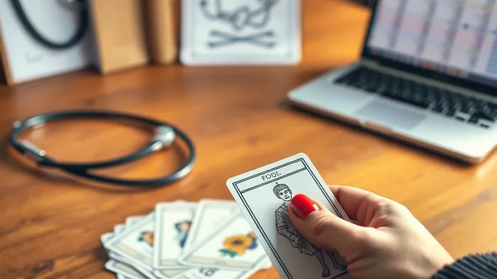 Руки перетасовывают колоду карт Таро на деревянном столе. На переднем плане в фокусе карта 'Шут'. На заднем плане размытые атрибуты разных профессий.