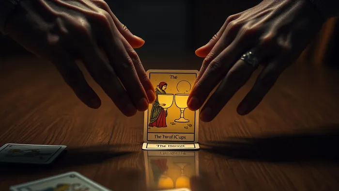 Символическое изображение кризиса в браке: руки пары средних лет над столом, между ними светящаяся карта Таро 'Двойка Кубков' как символ надежды на обновление связи.