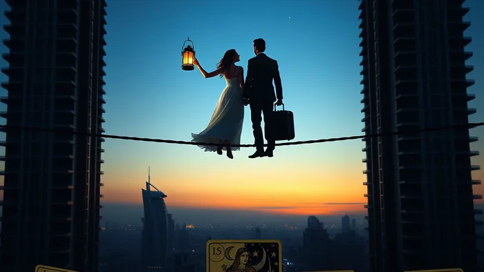 Символическое изображение пары на канате между небоскребами Дубая, балансирующей с помощью символов карт Таро, представляющее преодоление кризиса отношений после переезда.