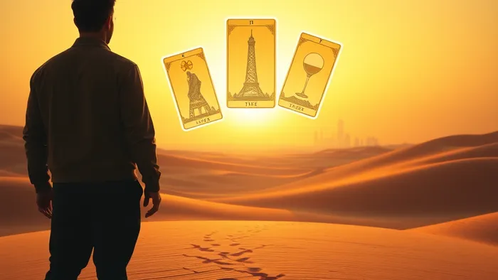 Символичное изображение пары в пустыне на фоне Дубая с парящими картами Таро (Башня, Двойка Кубков, Звезда), иллюстрирующее конфликт и надежду в отношениях после переезда.