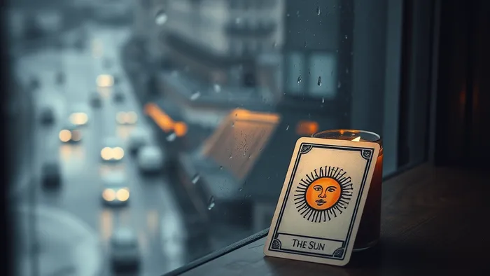 Вид из окна на пасмурный польский городской пейзаж в дождь. На столе у окна лежит карта Таро Солнце, освещенная свечой, символизирующая поиск внутреннего света во внешней непогоде.