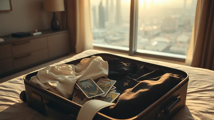 Символическое фото: полуоткрытый чемодан в квартире с видом на Дубай, в нем среди вещей разбросаны карты Таро (Звезда, Четверка Кубков, Отшельник) и виден билет на самолет. Сумеречное освещение.