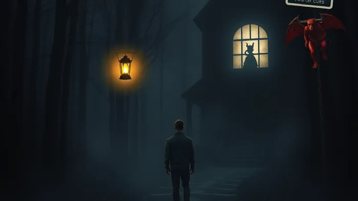 Символическое изображение человека на распутье в туманном лесу. Одна тропа ведёт к свету от фигуры с фонарём, другая — к дому-башне с тенями цепей. В воздухе парят карты Таро: Дьявол, Влюблённые, 2 Кубков.