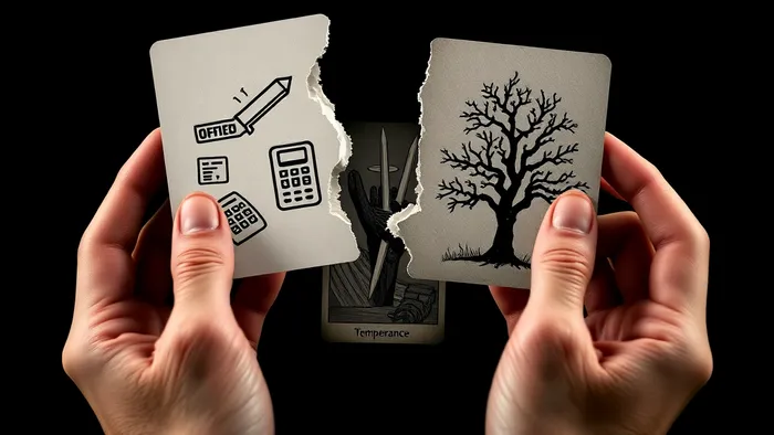 Символическое изображение конфликта между семьей и бизнесом: разрывающаяся фотография, разделенная на рабочие и семейные символы, с картой Таро 'Умеренность' посередине как символ поиска баланса.