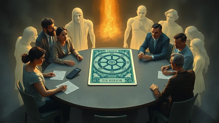 Символическое изображение команды за круглым столом с большой светящейся картой Таро посередине. За каждым участником видны прозрачные фигуры архетипов Таро, символизирующие их скрытые роли и мотивы.