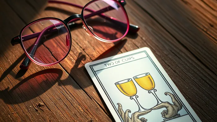 Треснувшие розовые очки и карта Таро Два Кубков на деревянном столе — символ отказа от иллюзий в отношениях.