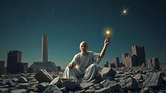 Символическое изображение этапов переживания кризиса: руины, звездное небо и человек, находящий новый инструмент для пути.