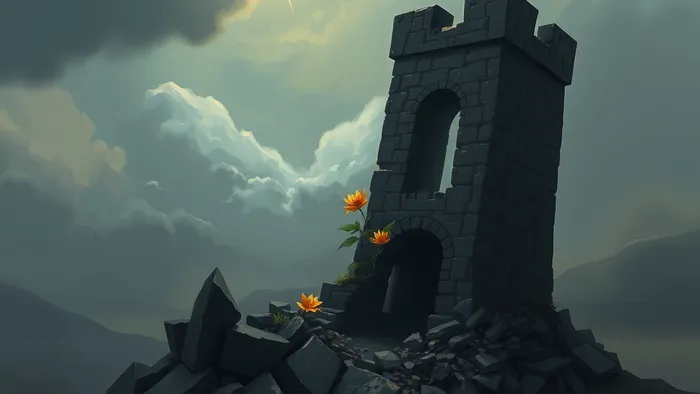 Символическое изображение краха планов: рушащаяся башня и цветок, растущий из обломков под звездным небом.
