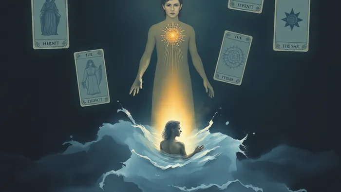 Символическое изображение человека, сохраняющего внутренний свет и устойчивость, пытаясь помочь другому, погруженному в борьбу. Вокруг — полупрозрачные образы карт Таро, символизирующих внутренние ресурсы.