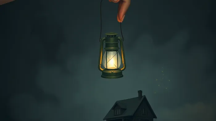 Символическое изображение: рука взрослого держит горящий фонарь (аркан Отшельник) в темноте, под ней — расплывающиеся очертания родительского дома, а свет фонаря рождает новые созвездия (аркан Звезда).