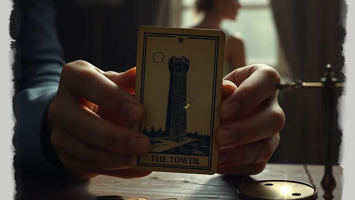 Символическое изображение мужчины, держащего карту Таро Башня на фоне финансовых атрибутов краха и силуэта женщины. Тема потери бизнеса и обвинений.