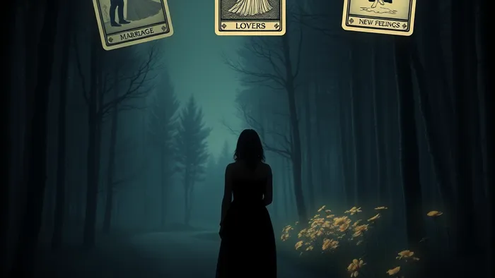 Символическая иллюстрация: женщина на распутье в волшебном лесу, над ней парят карты Таро Влюблённые, Императрица и Двойка Кубков.
