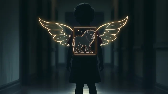 Символическое изображение ребенка на перепутье в школьном коридоре, с силуэтами карт Таро Сила и Звезда как источники внутреннего света и защиты.