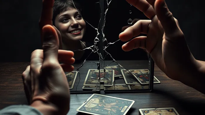 Символическое изображение разрыва в дружбе: руки тянутся друг к другу через треснувшее зеркало, в осколках которого отражены смех и слёзы. Рядом колода карт Таро.