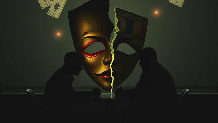 Символическое изображение токсичной дружбы: два силуэта за столом разделяет треснувшая театральная маска, на фоне парят карты Таро Пятерка Мечей и Башня.