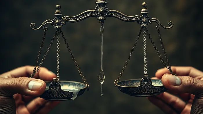 Символическое изображение древних весов в человеческих руках, одно коромысло повреждено, другое сияет, отражая внутренний конфликт между травмой и справедливостью.