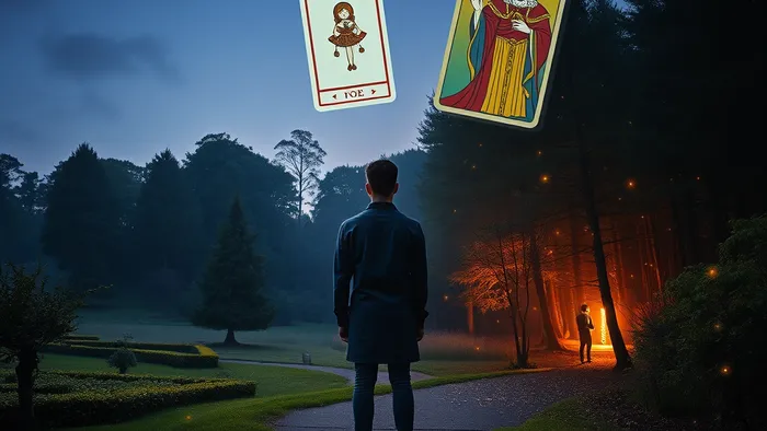 Символическое изображение выбора в отношениях: человек на распутье между упорядоченным садом и дикой лесной тропой. Над ним парят карты Таро Влюбленные и Император.